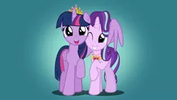 Size: 5742x3230 | Tagged: safe, artist:jhayarr23, derpibooru import, starlight glimmer, twilight sparkle, twilight sparkle (alicorn), alicorn, pony, unicorn, father knows beast, crown, cute, duo, duo female, equestrian pink heart of courage, female, glimmerbetes, hug, jewelry, new crown, regalia, simple background, twiabetes, winghug