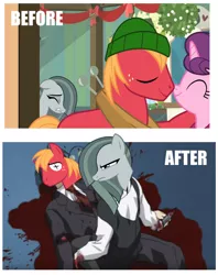 Size: 762x962 | Tagged: grimdark, derpibooru import, edit, edited screencap, screencap, big macintosh, marble pie, sugar belle, earth pony, pony, best gift ever, blood, dead, death, female, heartbroken marble, if i can't have you no one can, incelpie, jealous, knife, male, mistletoe, nice boat, school days, shipping, straight, sugarmac, yandere