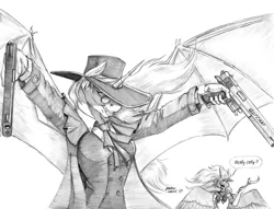 Size: 1400x1070 | Tagged: alucard, anthro, artist:baron engel, clothes, costume, derpibooru import, dual wield, duo, female, grayscale, hellsing, mare, monochrome, pencil drawing, princess celestia, princess luna, royal sisters, safe, sailor moon, simple background, sketch, smiling, traditional art, white background