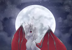 Size: 2107x1446 | Tagged: safe, artist:kindly-fox, derpibooru import, oc, oc:bathory, unofficial characters only, bat pony, pony, bat pony oc, bat wings, bust, female, full moon, mare, moon, night, red eyes, smiling, solo, spread wings, stars, wings
