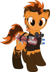 Size: 4000x5772 | Tagged: safe, artist:waveywaves, derpibooru import, oc, oc:tey, unofficial characters only, earth pony, pony, amputee, dirty, female, flamethrower, gas mask, gas tank, goggles, grease, mare, mask, oxygen tank, prosthetic limb, prosthetics, simple background, solo, transparent background, weapon