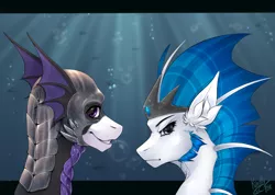 Size: 1502x1068 | Tagged: safe, artist:kindly-fox, derpibooru import, oc, oc:knight light, unofficial characters only, pony, sea pony, bust, commission, crown, duo, helmet, jewelry, portrait, regalia