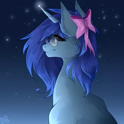 Size: 2500x2500 | Tagged: safe, artist:kindly-fox, derpibooru import, oc, oc:save state, unofficial characters only, pony, unicorn, bow, bust, commission, digital art, female, glasses, hair bow, high res, mare, night, night sky, signature, sky, smiling, solo, stars, ych result