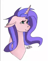 Size: 1036x1307 | Tagged: safe, artist:cackti, derpibooru import, oc, oc:evening glitter, unofficial characters only, pony, unicorn, icey-verse, bust, female, magical lesbian spawn, mare, next generation, offspring, parent:starlight glimmer, parent:sunset shimmer, parents:shimmerglimmer, portrait, signature, simple background, solo, white background