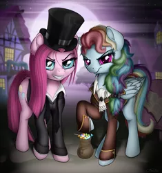 Size: 2307x2457 | Tagged: safe, artist:awalex, derpibooru import, pinkie pie, rainbow dash, pony, the count of monte rainbow, clothes, costume, dr jekyll and mr hyde, dr pinkie, dr pinkie and miss pie, female, grin, mare, nightmare night, nightmare night costume, pinkamena diane pie, smiling, the count of monte cristo