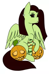 Size: 1349x2055 | Tagged: safe, artist:midnightamber, derpibooru import, oc, oc:white lilly, unofficial characters only, pegasus, pony, icey-verse, commission, ear piercing, earring, eyebrow piercing, eyeshadow, female, halloween, holiday, jack-o-lantern, jewelry, lip piercing, magical lesbian spawn, makeup, mare, next generation, nose piercing, offspring, parent:applejack, parent:strawberry sunrise, parents:applerise, piercing, pumpkin, simple background, sitting, solo, tattoo, white background, ych result