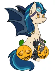 Size: 1546x2055 | Tagged: safe, artist:midnightamber, derpibooru import, indigo zap, ponified, bat pony, pony, bat ponified, commission, ear piercing, earring, equestria girls ponified, eyebrow piercing, fangs, female, goggles, halloween, holiday, indigobat, jack-o-lantern, jewelry, mare, piercing, pumpkin, race swap, raised hoof, simple background, solo, tattoo, white background, ych result