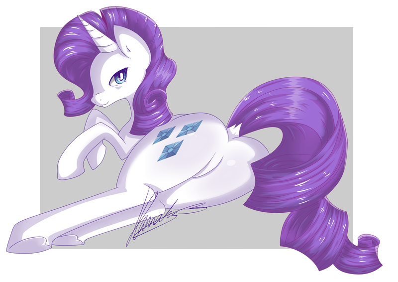 Size: 4960x3507 | Tagged: safe, artist:princesshannahz, derpibooru import, rarity, pony, unicorn, absurd resolution, butt, dock, featureless crotch, female, heart, heart eyes, heart hoof, looking at you, looking back, looking back at you, mare, plot, side, signature, simple background, solo, underhoof, white background, wingding eyes