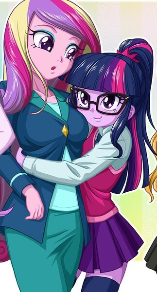 Size: 373x692 | Tagged: safe, artist:uotapo, derpibooru import, princess cadance, sci-twi, twilight sparkle, equestria girls, clothes, cropped, cute, dean cadance, duo, female, glasses, height difference, hug, pleated skirt, ponytail, skirt, smiling, socks, thigh highs, twiabetes