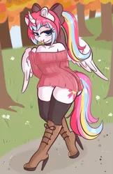 Size: 1246x1920 | Tagged: suggestive, artist:wickedsilly, derpibooru import, oc, oc:nekonin, unofficial characters only, alicorn, anthro, alicorn oc, anthro oc, arm hooves, autumn, bare shoulders, blushing, boots, bow, clothes, collar, crossdressing, curved horn, ear fluff, femboy, hair bow, high heel boots, high heels, horn, looking at you, male, panties, panty shot, shoes, skirt, socks, solo, solo male, sweater, sweater dress, thigh highs, thighs, tongue out, tree, underwear, upskirt, wings