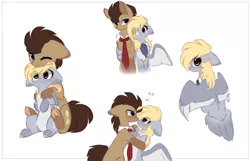 Size: 2000x1284 | Tagged: safe, artist:little-sketches, derpibooru import, derpy hooves, doctor whooves, time turner, earth pony, pegasus, pony, blushing, chest fluff, cravat, doctorderpy, eye contact, female, floppy ears, heart, hug, looking at each other, male, mare, necktie, pale belly, shipping, simple background, stallion, straight, tail feathers, underhoof, white background, winghug