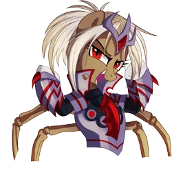 Size: 981x975 | Tagged: armor, artist:pepooni, buck legacy, crown, derpibooru import, jewelry, lamia, looking at you, oc, oc:queen valaria, original species, red eyes, regalia, safe, simple background, snake, snake pony, solo, transparent background, white hair