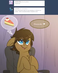 Size: 2000x2510 | Tagged: artist:fluffyxai, ask, cake, chair, cheesecake, derpibooru import, food, oc, oc:spirit wind, safe, speech bubble, tumblr, tumblr:ask spirit wind, unofficial characters only