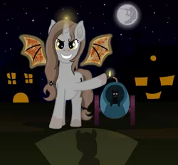 Size: 2219x2058 | Tagged: safe, artist:malte279, artist:tokokami, derpibooru import, oc, oc:blackcat, cat, pony, unicorn, bat wings, black cat, cannon, contest entry, full moon, grin, halloween, holiday, looking at you, mare in the moon, moon, night, night sky, party cannon, sky, smiling, wings