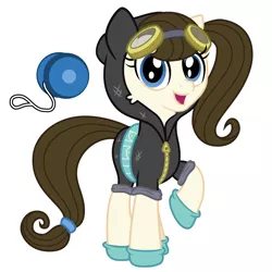 Size: 2000x2000 | Tagged: safe, anonymous artist, derpibooru import, oc, oc:dizzy strings, earth pony, pony, clothes, costume, dangerous mission outfit, female, goggles, hoodie, show accurate, smiling, vector, yo-yo