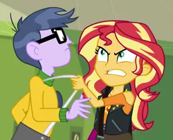 Size: 1215x988 | Tagged: safe, derpibooru import, screencap, microchips, sunset shimmer, equestria girls, equestria girls series, forgotten friendship, angry, canterlot high, clothes, geode of empathy, glasses, lockers, magical geodes, shoulder bag