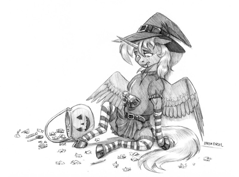 Size: 1400x1039 | Tagged: safe, artist:baron engel, derpibooru import, princess luna, alicorn, pony, clothes, female, grayscale, halloween, hat, holiday, jack-o-lantern, mare, monochrome, pumpkin, s1 luna, simple background, sketch, socks, solo, stomach ache, striped socks, traditional art, white background, witch, witch hat