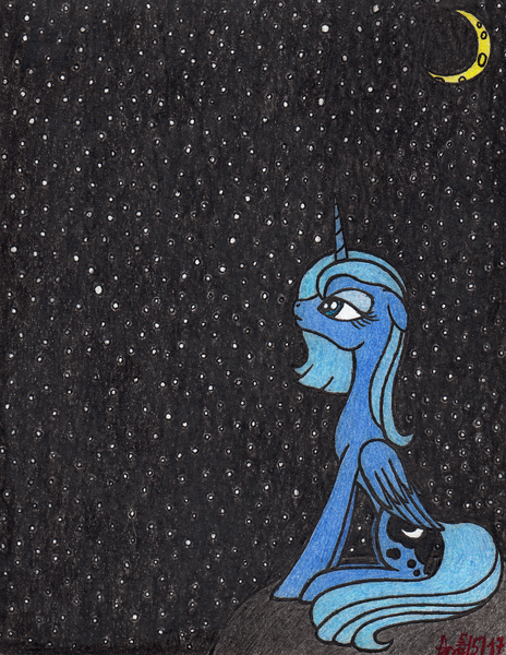 Size: 1024x1323 | Tagged: safe, artist:aracage, derpibooru import, princess luna, alicorn, pony, female, floppy ears, looking up, mare, moon, s1 luna, sitting, solo, space, stars, traditional art