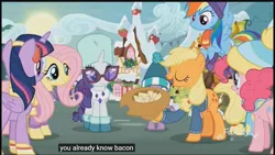 Size: 1366x768 | Tagged: alicorn, applejack, bacon, best gift ever, caption, clothes, derpibooru import, earmuffs, edit, edited screencap, fluttershy, food, hat, meat, meme, pinkie pie, rainbow dash, rarity, safe, scarf, screencap, snow, spike, twilight sparkle, twilight sparkle (alicorn), youtube caption