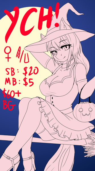 Size: 1297x2328 | Tagged: advertisement, anthro, artist:monanniverse, auction, breasts, broom, clothes, commission, cosplay, costume, derpibooru import, female, flying, flying broomstick, full moon, halloween, halloween costume, high heels, holiday, moon, pumpkin bucket, safe, shoes, solo, witch, your character here