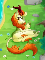 Size: 5000x6538 | Tagged: absurd resolution, artist:rainbownspeedash, autumn blaze, awwtumn blaze, cute, derpibooru import, featureless crotch, flower, kirin, looking at you, one eye closed, river, rock, safe, solo, sounds of silence, vector, wink