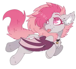 Size: 819x751 | Tagged: safe, artist:realfablepony, derpibooru import, oc, oc:candy quartz, unofficial characters only, bat pony, pony, :p, bat pony oc, bat wings, chest fluff, collar, cute, ear piercing, fangs, female, fluffy, flying, looking back, piercing, shaved mane, silly, simple background, solo, tongue out, transparent background, two toned mane, two toned wings, wing piercing, wings