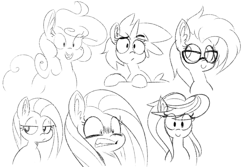 Size: 1031x712 | Tagged: dead source, safe, artist:reiduran, derpibooru import, grace manewitz, oc, oc:corona flare, oc:ostria chime, earth pony, pegasus, pony, unicorn, ear fluff, female, glasses, gritted teeth, lidded eyes, looking at you, mare, monochrome, open mouth, shrunken pupils, sketch, sketch dump, smiling