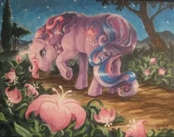 Size: 900x708 | Tagged: safe, artist:sunset80, derpibooru import, lily lightly, pony, unicorn, acrylic painting, flower, g3, night, solo, traditional art