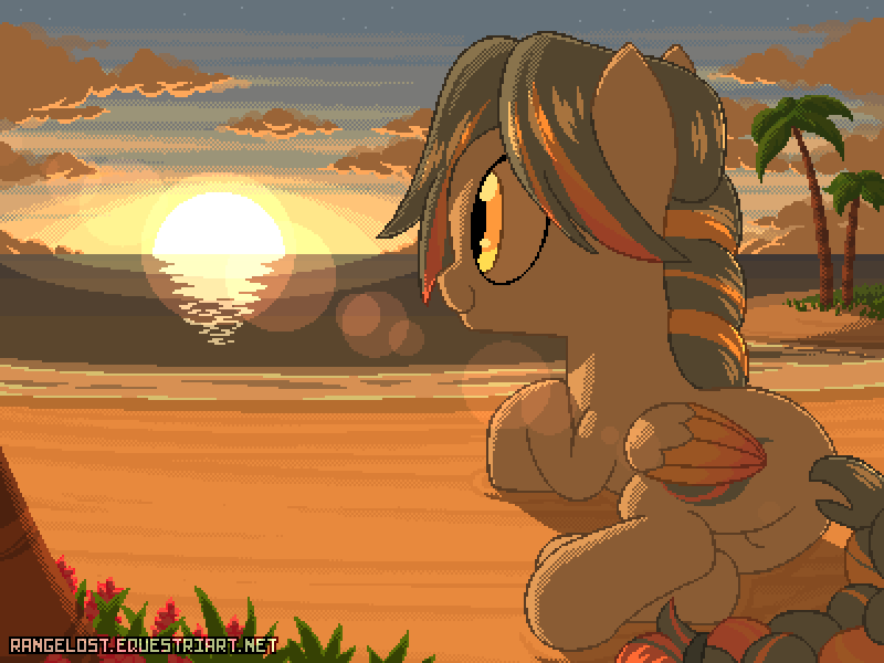 Size: 800x600 | Tagged: safe, artist:rangelost, derpibooru import, oc, oc:seashore swirl, unofficial characters only, pegasus, pony, beach, braided tail, butt, cloud, cutie mark, dock, female, lying down, mare, ocean, palm tree, patreon, patreon reward, pixel art, plot, solo, sunset, tree