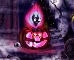 Size: 5120x4196 | Tagged: absurd resolution, artist:darksly, derpibooru import, female, gravestone, graveyard, halloween, holiday, jack-o-lantern, kirin, mundane utility, nirik, pumpkin, safe, smiling, solo, sounds of silence