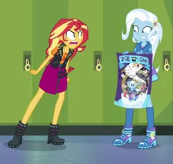 Size: 950x900 | Tagged: safe, derpibooru import, screencap, sunset shimmer, trixie, equestria girls, equestria girls series, forgotten friendship, angry, cropped, duo, geode of empathy, magical geodes, poster, shrunken pupils