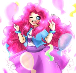 Size: 2700x2600 | Tagged: anime, artist:hiyori-yamada, balloon, blushing, cute, derpibooru import, diapinkes, equestria girls outfit, human, humanized, one eye closed, pinkie pie, safe, solo, wink