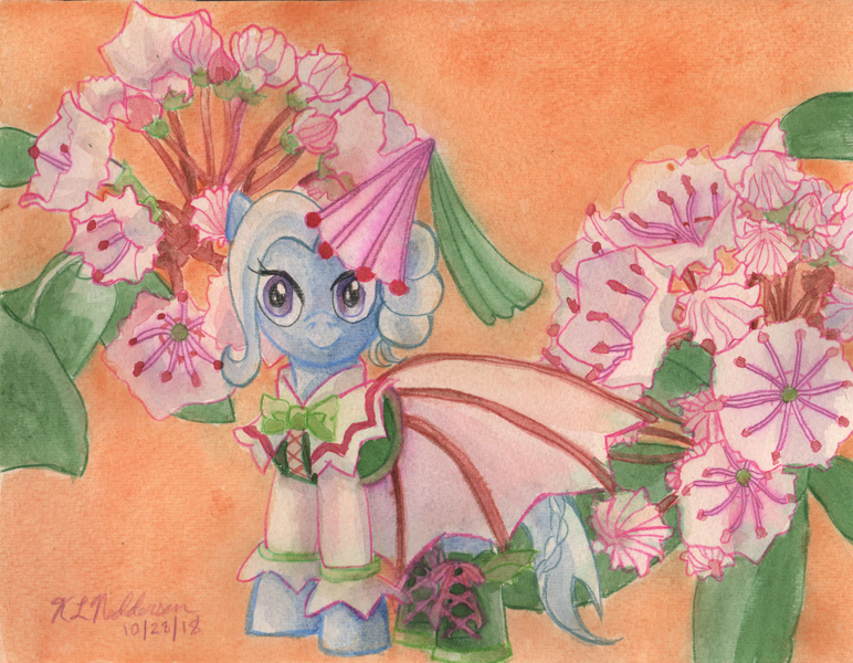 Size: 3286x2555 | Tagged: safe, artist:kelseyleah, derpibooru import, trixie, pony, clothes, dress, flower, mountain laurel, solo, traditional art