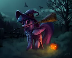 Size: 2000x1600 | Tagged: safe, artist:lollipony, derpibooru import, twilight sparkle, twilight sparkle (alicorn), alicorn, bird, crow, pony, :3, broom, clothes, costume, cute, dark, dress, featured image, female, fence, fog, forest, halloween, halloween costume, hat, holiday, horn, image, jack-o-lantern, jpeg, looking at you, mare, mouth hold, night, nightmare night, nightmare night costume, nom, pose, pumpkin, raised hoof, raised leg, robes, scenery, silhouette, smiling, solo, spoopy, standing, tree, twiabetes, wing fluff, wings, witch, witch hat