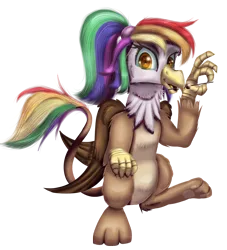 Size: 1080x1190 | Tagged: safe, artist:sintakhra, derpibooru import, oc, oc:rainbow feather, unofficial characters only, gryphon, hippogriff, dango, eating, food, interspecies offspring, magical lesbian spawn, offspring, parent:gilda, parent:rainbow dash, parents:gildash, simple background, solo, transparent background