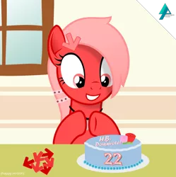 Size: 1871x1875 | Tagged: safe, artist:arifproject, derpibooru import, oc, oc:downvote, ponified, unofficial characters only, pony, derpibooru, birthday, birthday cake, birthday party, cake, derpibooru ponified, downvote, flower, food, grin, meta, party, smiling, solo, vector, wide eyes, window