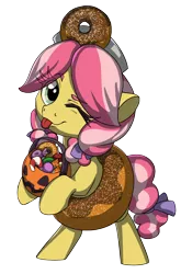 Size: 1140x1725 | Tagged: safe, artist:lockhe4rt, derpibooru import, kettle corn, pony, background removed, clothes, costume, cute, donut, female, filly, food, halloween, hnnng, holiday, jack-o-lantern, one eye closed, pumpkin, pumpkin bucket, simple background, solo, tongue out, transparent background, wink