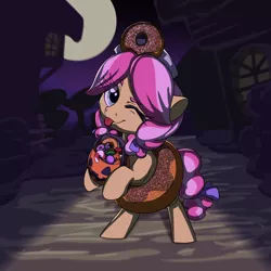 Size: 2000x2000 | Tagged: safe, artist:lockhe4rt, derpibooru import, kettle corn, pony, clothes, costume, cute, donut, female, filly, food, full moon, halloween, halloween costume, hnnng, holiday, jack-o-lantern, moon, one eye closed, pumpkin, pumpkin bucket, solo, tongue out, wink