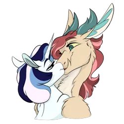 Size: 3100x3100 | Tagged: safe, artist:ask-y, derpibooru import, oc, oc:blue bonnet, oc:figment, unofficial characters only, draconequus, hybrid, pony, unicorn, female, interspecies offspring, kissing, male, mare, oc x oc, offspring, offspring shipping, parent:discord, parent:fancypants, parent:fluttershy, parent:rarity, parents:discoshy, parents:raripants, shipping, simple background, straight, transparent background