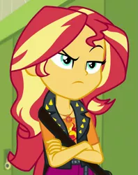 Size: 721x912 | Tagged: safe, derpibooru import, screencap, sunset shimmer, equestria girls, equestria girls series, forgotten friendship, cropped, crossed arms, geode of empathy, magical geodes, raised eyebrow, solo