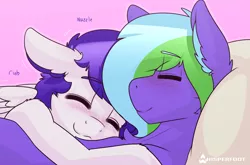 Size: 1500x987 | Tagged: safe, artist:whisperfoot, derpibooru import, oc, oc:waterpony, oc:weldbead, unofficial characters only, pegasus, pony, blushing, chest fluff, cuddling, cute, ear fluff, gay, hug, male, nuzzling, oc x oc, patreon, patreon reward, pillow, pink background, shipping, simple background, sleeping, smiling, wings