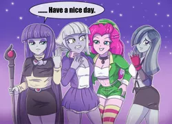 Size: 4096x2970 | Tagged: safe, artist:sumin6301, derpibooru import, limestone pie, marble pie, maud pie, pinkie pie, equestria girls, annoyed, belly button, choker, clothes, cosplay, costume, cute, equestria girls-ified, female, final fantasy, final fantasy vii, grin, halloween, hat, holiday, hug, jacket, looking at you, midriff, miniskirt, one of these things is not like the others, pie sisters, shorts, siblings, sisters, skirt, slayers, smiling, socks, striped socks, suspenders, thigh highs, thighs, tifa lockhart, xellos