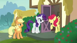 Size: 1280x720 | Tagged: safe, derpibooru import, screencap, applejack, rarity, strawberry sunrise, earth pony, pegasus, pony, unicorn, honest apple, happy, house