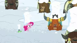 Size: 1280x720 | Tagged: safe, derpibooru import, screencap, gummy, pinkie pie, prince rutherford, pony, yak, not asking for trouble, snow