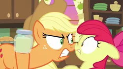 Size: 1280x720 | Tagged: safe, derpibooru import, screencap, apple bloom, applejack, pony, the perfect pear, angry, boop, bottle, dishonorapple, nose wrinkle, noseboop, pear jam, shocked