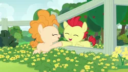 Size: 1280x720 | Tagged: safe, derpibooru import, screencap, bright mac, pear butter, pony, the perfect pear, baby, baby pony, brightabetes, buttercup, cute, fence, foal, pearabetes, smiling, younger