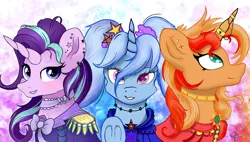 Size: 2560x1454 | Tagged: safe, artist:idrawspony, artist:ilynalta, derpibooru import, starlight glimmer, sunset shimmer, trixie, pony, unicorn, alternate hairstyle, clothes, counterparts, ear piercing, female, horn, horn jewelry, horn ring, jewelry, looking at you, mare, open collaboration, piercing, pigtails, ring, smiling, trio, twilight's counterparts, underhoof