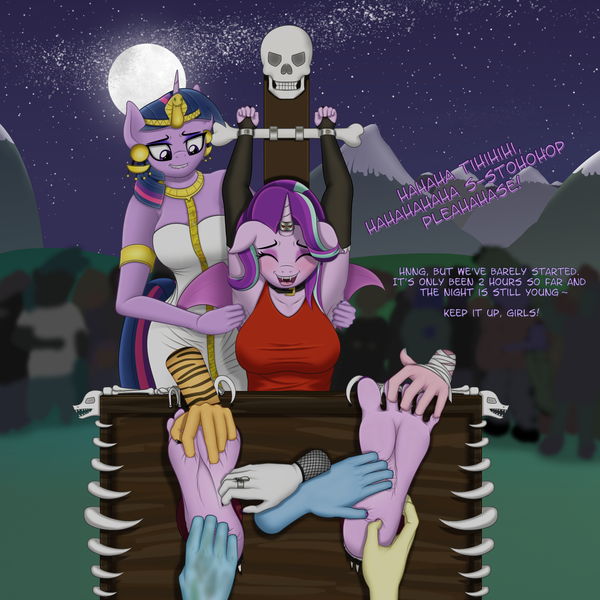 Size: 2500x2500 | Tagged: questionable, artist:tklninja, derpibooru import, starlight glimmer, twilight sparkle, anthro, plantigrade anthro, unicorn, vampire, armpits, blushing, bondage, breasts, cleopatra, clothes, collar, costume, disembodied hand, evening gloves, eyes closed, fangs, feet, female, fetish, fingerless elbow gloves, fingerless gloves, floppy ears, foot fetish, full moon, gloves, hand, horn, horn ring, laughing, lip bite, long gloves, magic suppression, moon, night, night sky, nightmare night costume, open mouth, ring, shackles, sky, soles, stocks, tickle torture, tickling