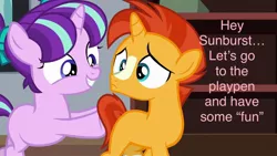 Size: 1280x720 | Tagged: suggestive, derpibooru import, edit, edited screencap, screencap, starlight glimmer, sunburst, pony, unicorn, uncommon bond, age regression, blank flank, bookshelf, caption, colt, colt sunburst, female, filly, filly starlight glimmer, image macro, imminent foalcon, imminent sex, implied sex, male, meme, out of context, pushing, shipping, smiling, starburst, straight, text, younger