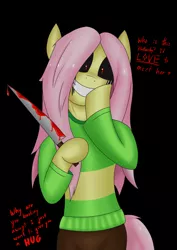 Size: 1240x1754 | Tagged: black sclera, blood, chara, clothes, derpibooru import, dialogue, fluttershy, grimdark, grin, knife, possessed, red eyes, semi-anthro, simple background, slasher smile, smiley face, smiling, solo, sweater, sweatershy, undertale